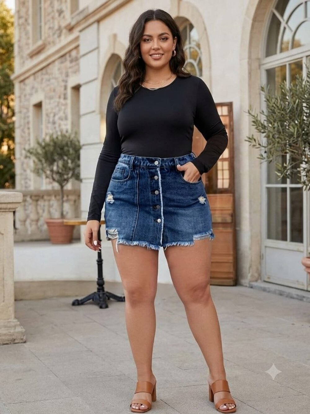 Women's stretchy ripped denim mini skirt with pockets frayed hem casual.